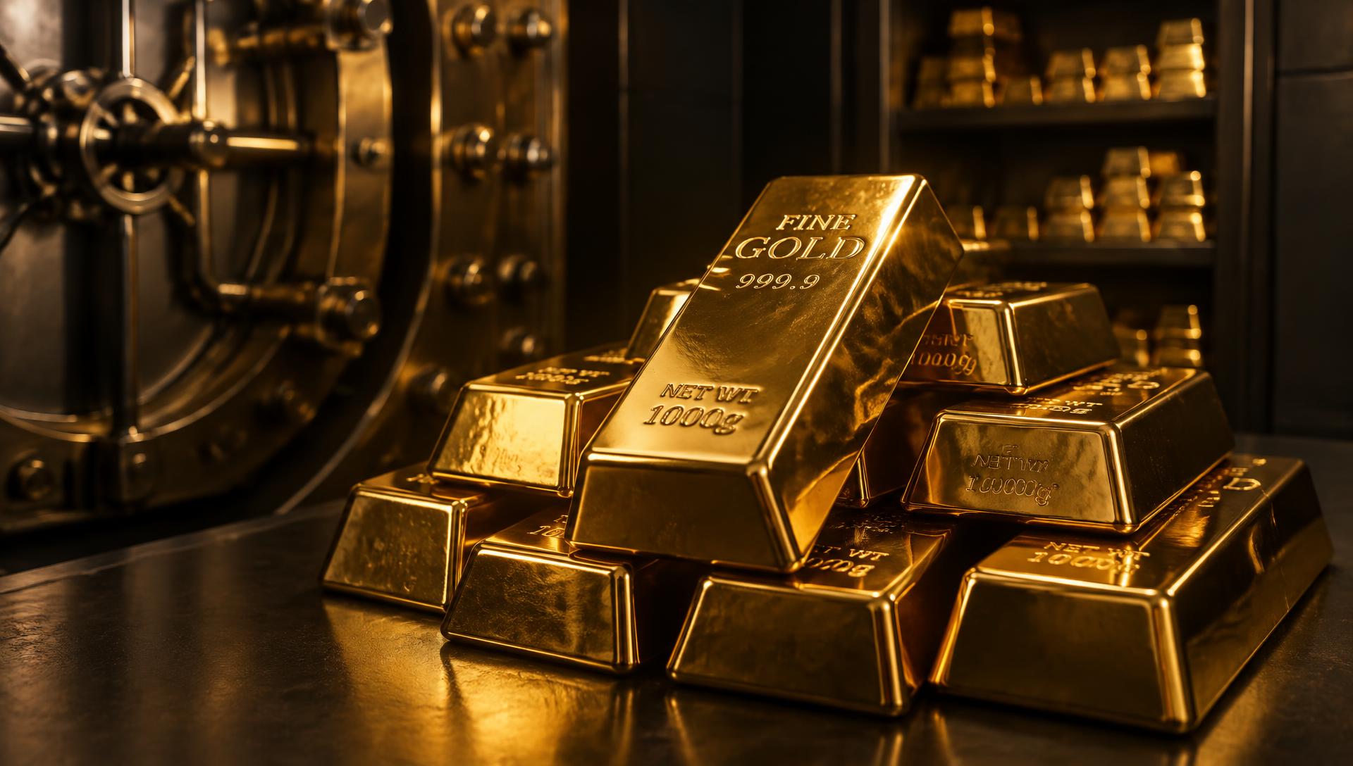 Fine gold bars stacked inside a secure vault